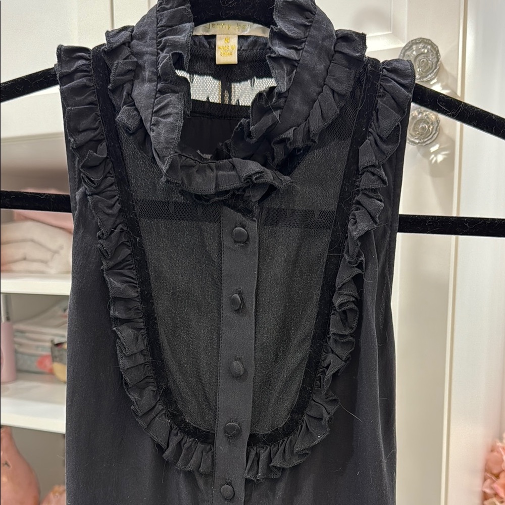 Black Ruffled Buttoned Blouse with Bib Collar